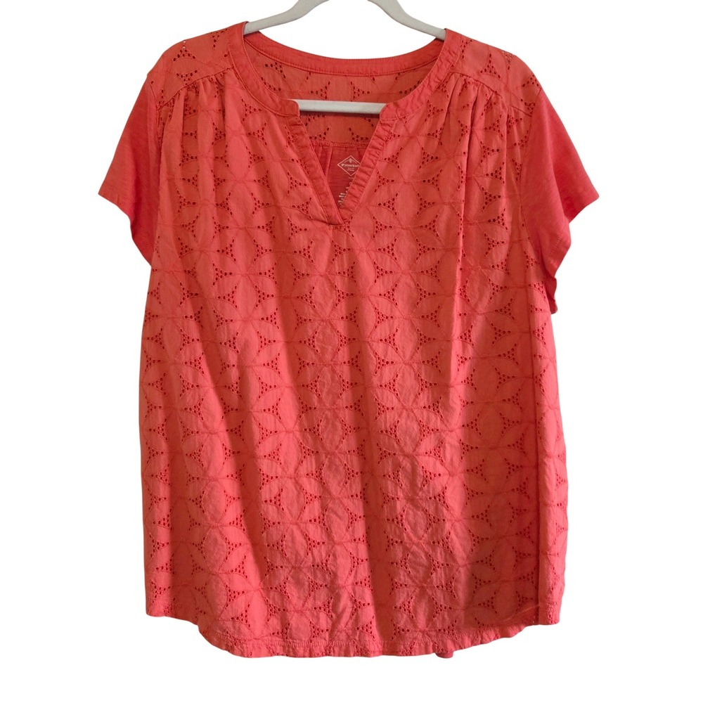 St. John's Bay, Cotton, Bright Coral, Embroidered, Dressy T-Shirt Blouse, Sz 1X